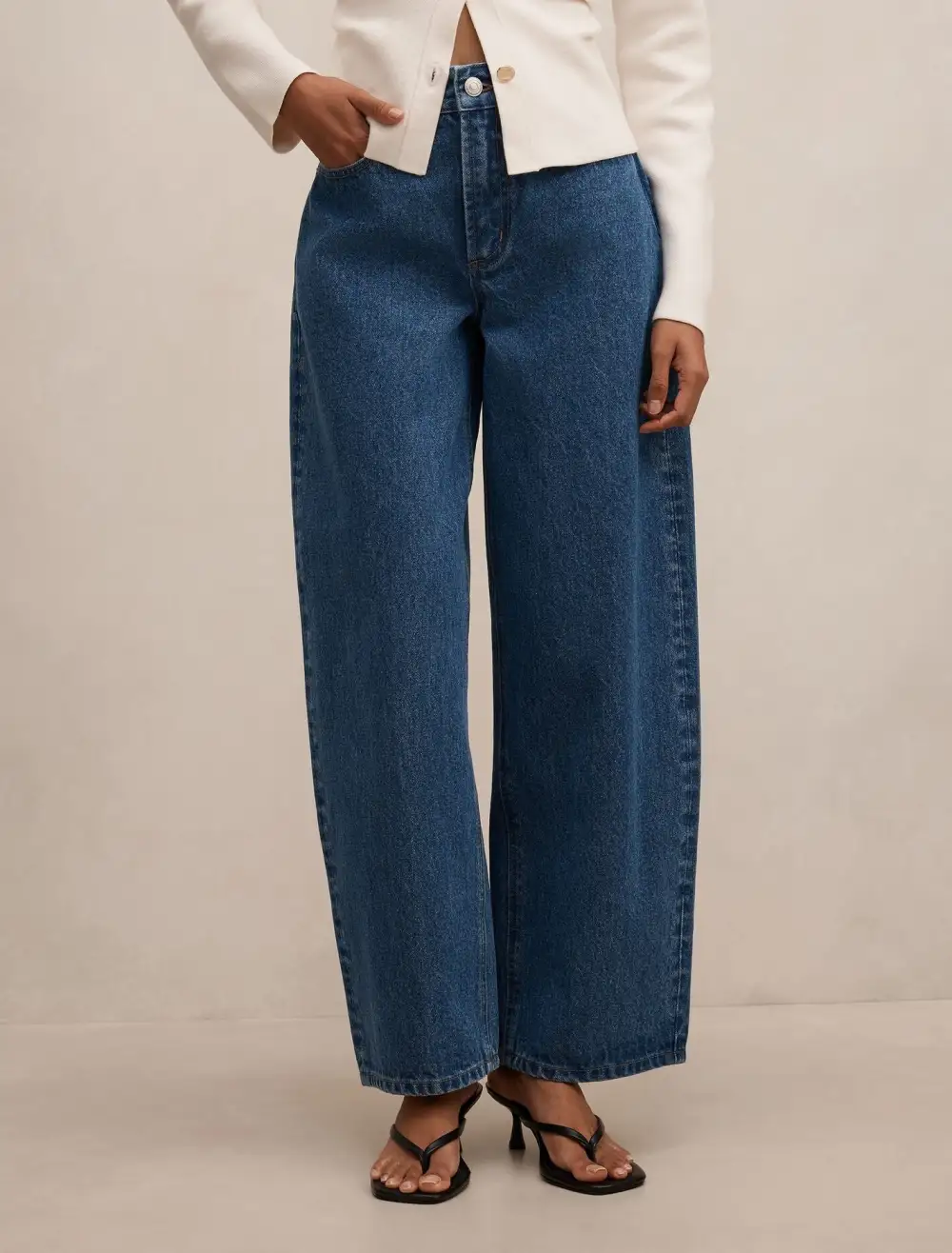 Blue Petite Mid-Rise Barrel Leg Jeans