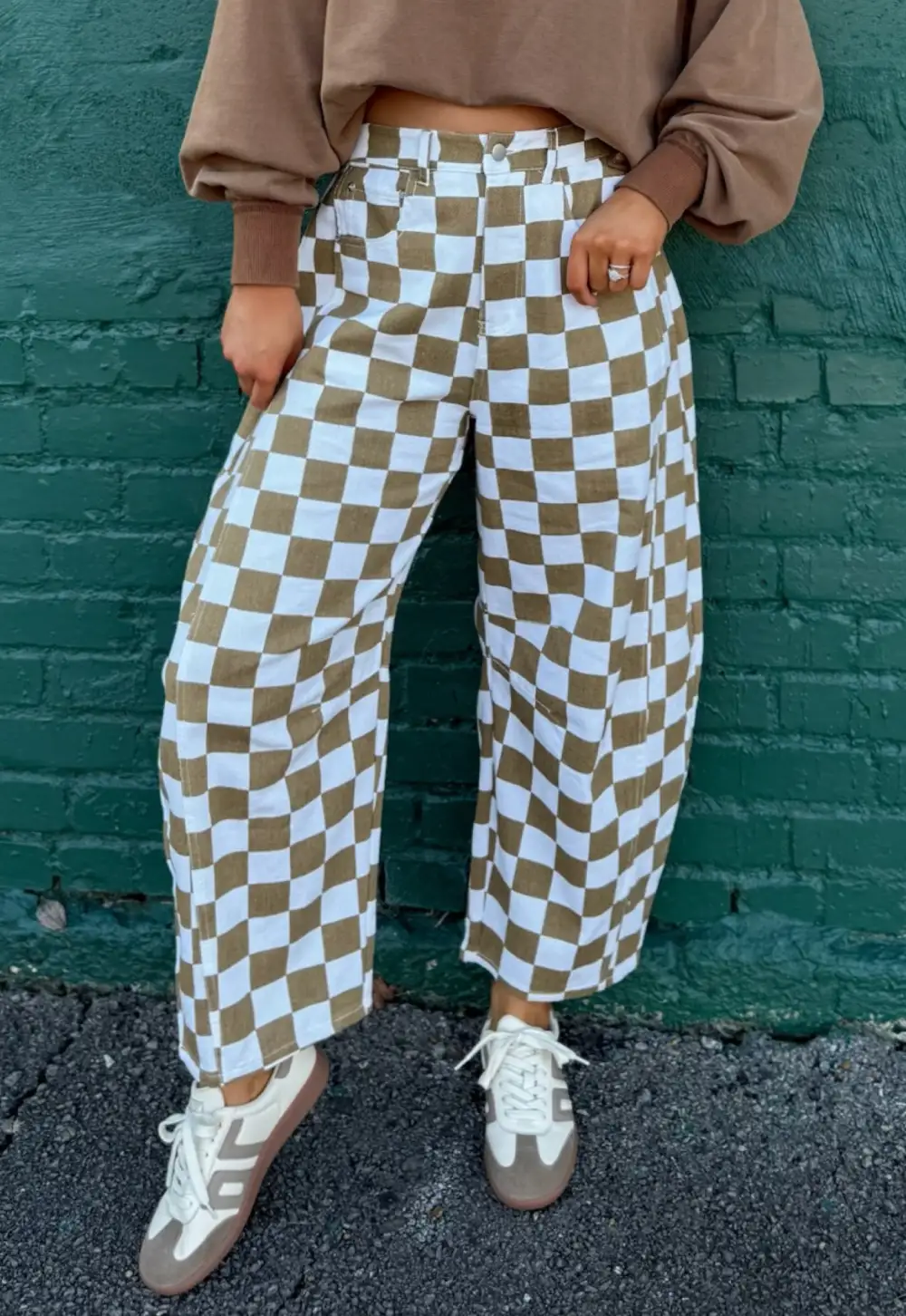Checkered Print Denim Barrel Trousers