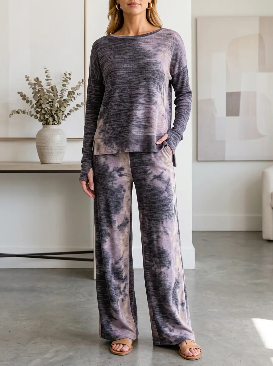 Women's Casual Lounge Tie-Dye Patterned Wide Leg Pants Set