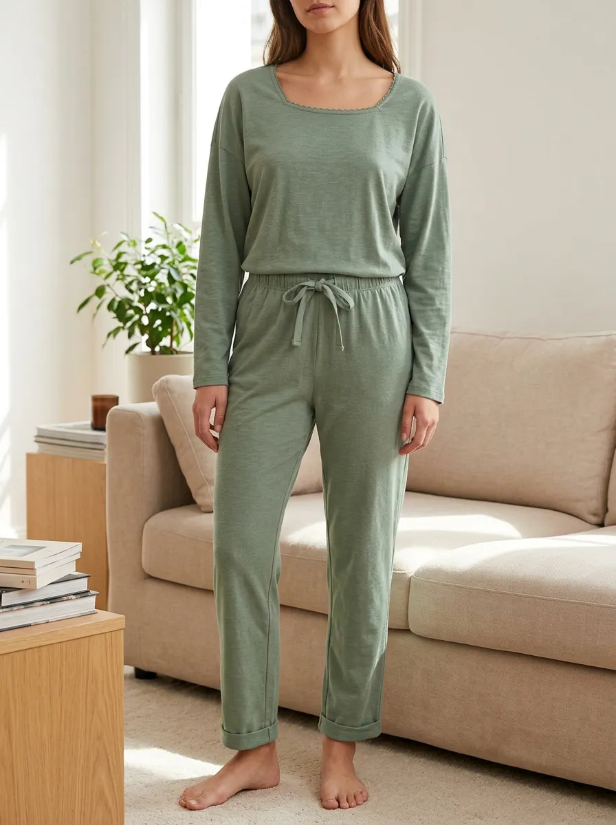 Women's Sage Green Solid Color Long Sleeve Coordinated Lounge Set