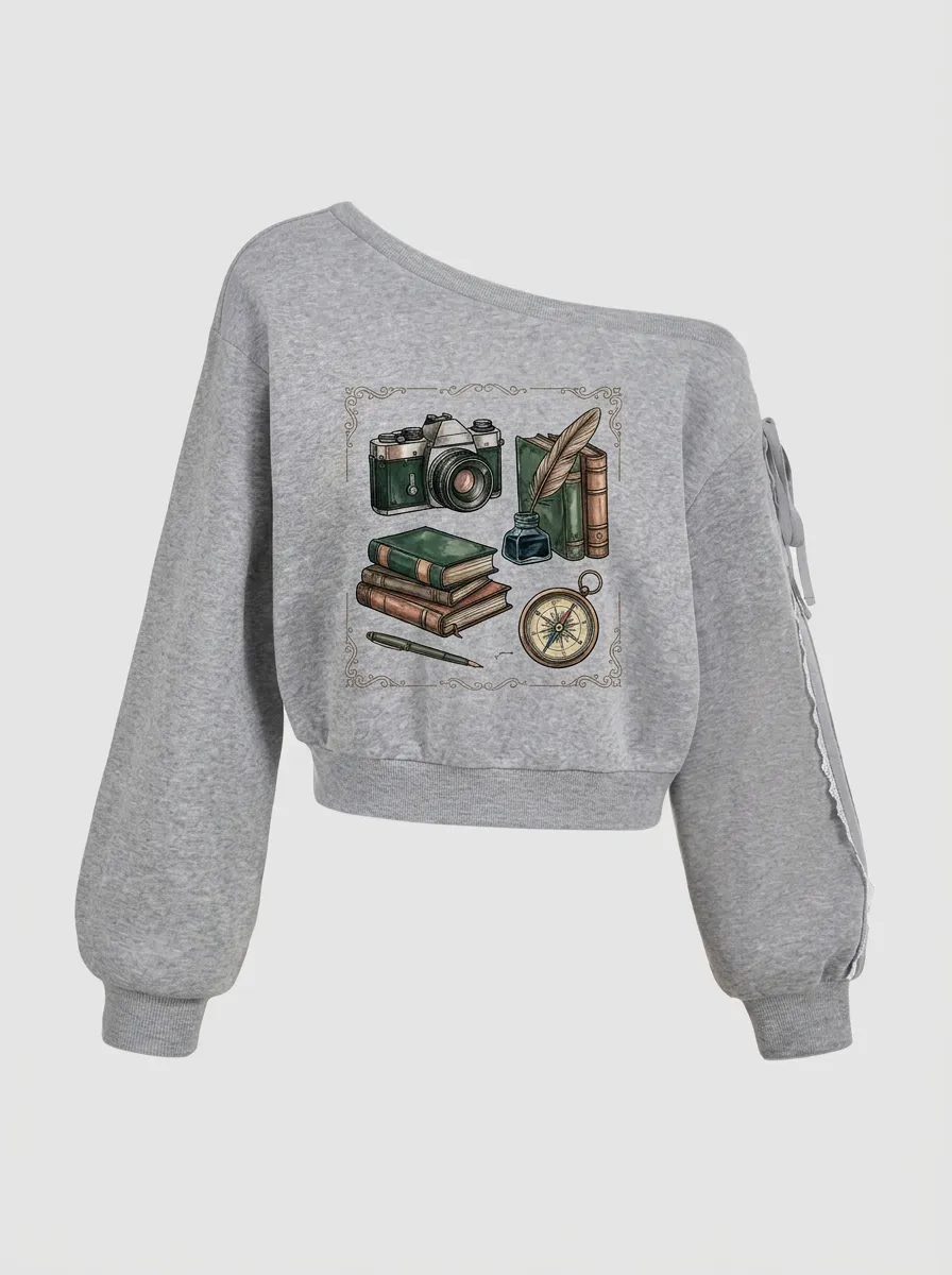 Women's Vintage Traveler Camera Books Compass Graphic Off-Shoulder Sweatshirt
