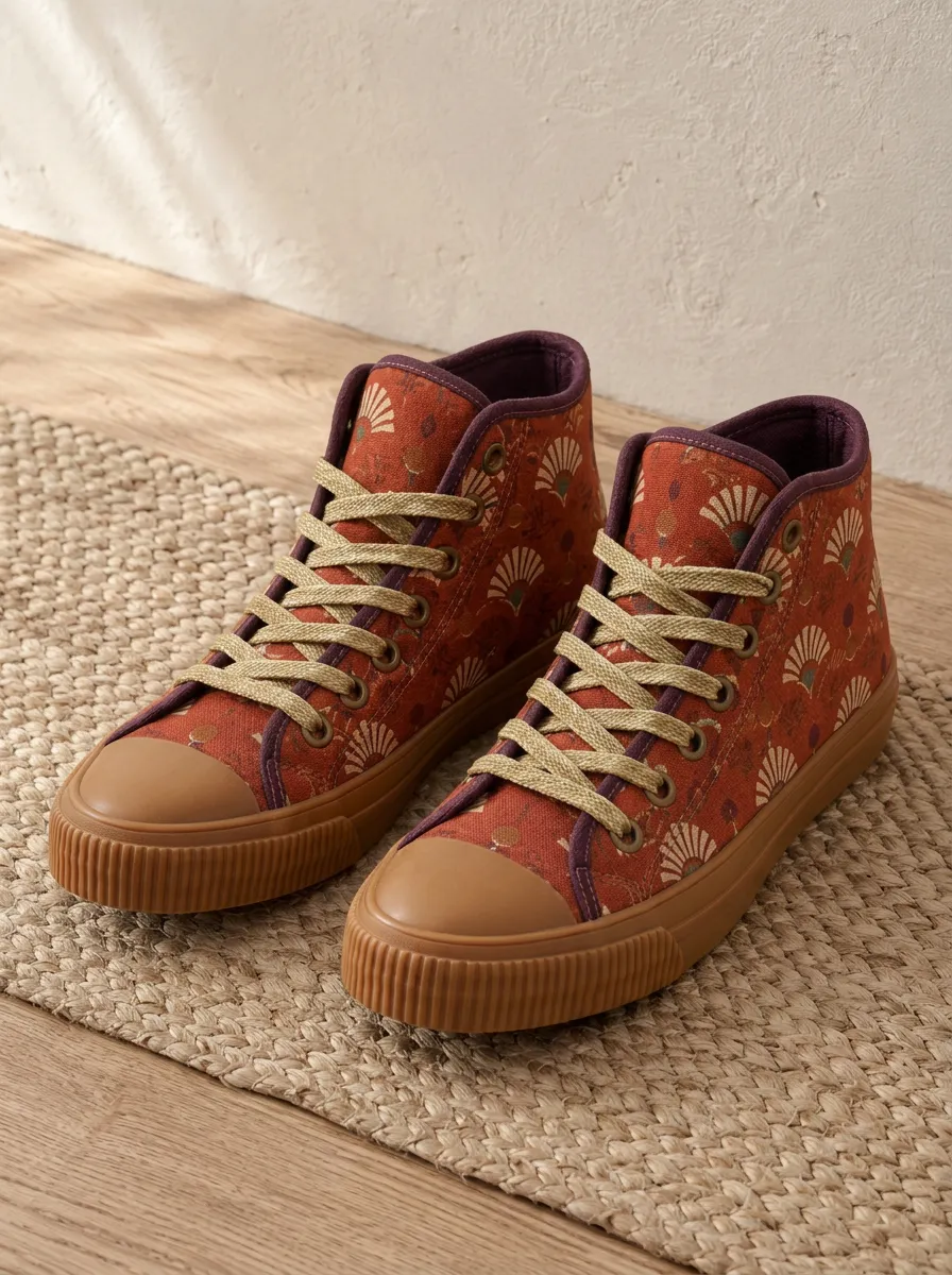 Women's Vintage Fan Pattern Rust Orange Printed Canvas Shoes