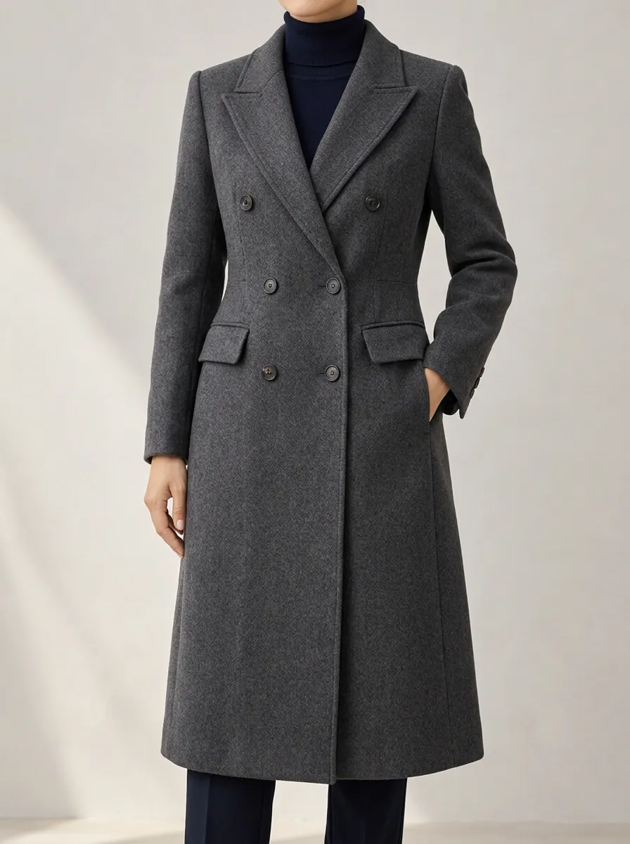 Women's Grey Double Breasted Longline Wool Blend Overcoat