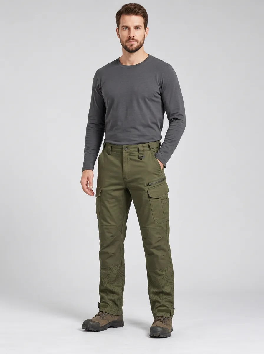 Men's Olive Green Topographic Multi-Pocket Reinforced Knee Adjustable Hem Tactical Cargo Pants