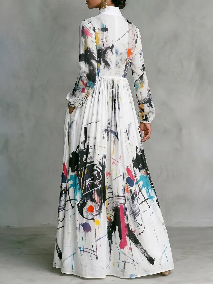 Pleated Printed Buttoned Long Shirt Maxi Dress