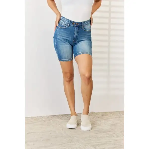 Full Size Tummy Control Double Button Bermuda Denim Shorts