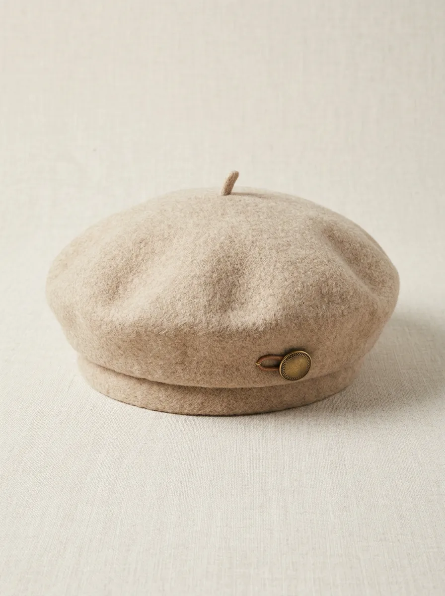 Unisex Minimalist Beige Wool Felt Button Beret