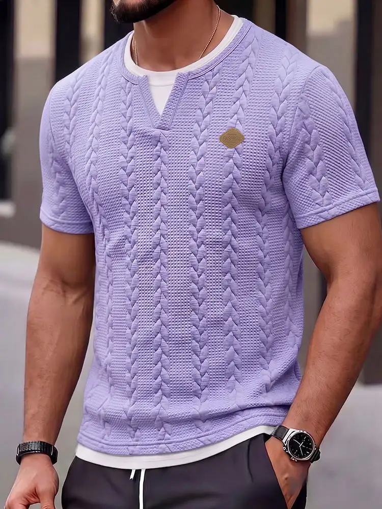Cable Knit Faux Two-Piece Short Sleeve T-Shirt Two Set