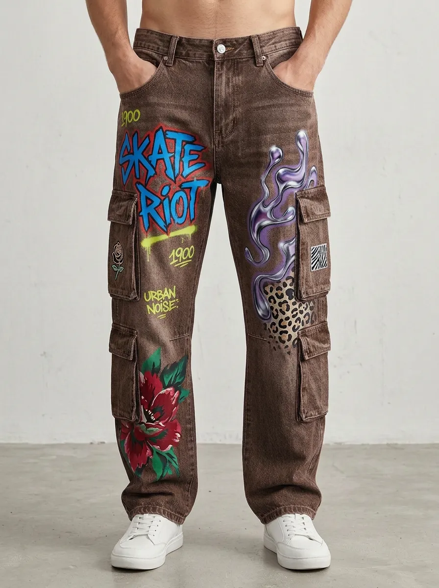 Men's Streetwear Skate Riot Graffiti Leopard Floral Graphic Cargo Jeans