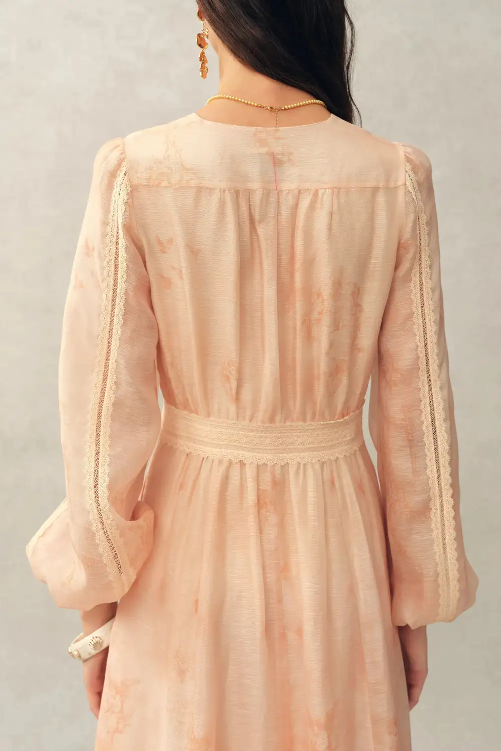 Lace Hand-Painted Floral Silk Linen Organza Midi Dress