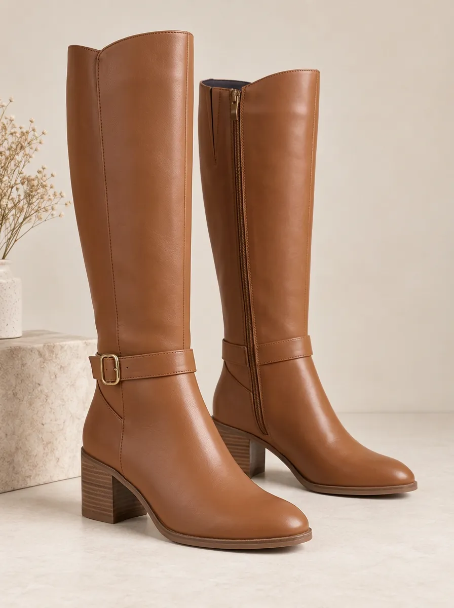 Women's Rugged Buckle Strap Faux Leather Knee High Boots