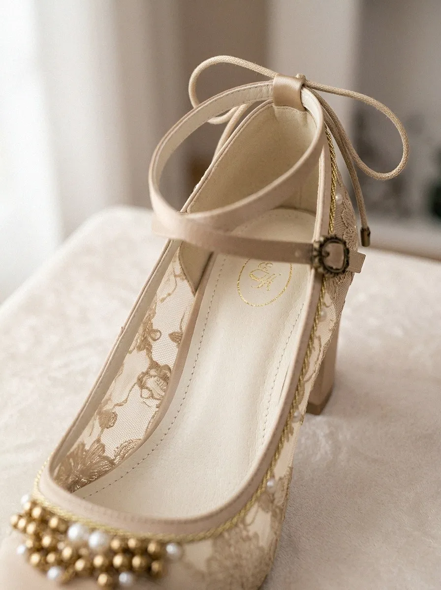 Block Heel Ankle Strap Lace Floral Women's Bavarian Occasion Heels