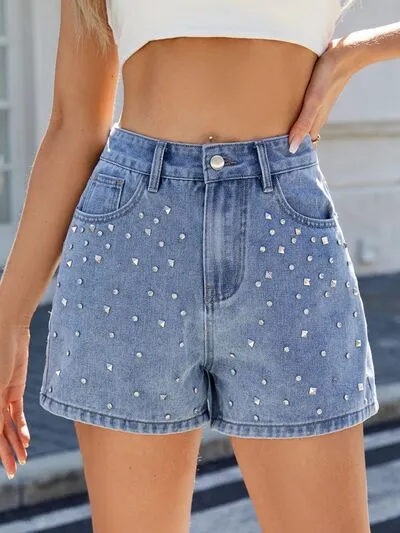 Rhinestone Washed High Waist Shorts Denim Pants