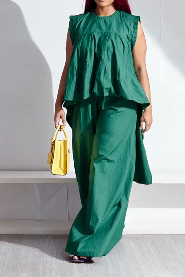 Green Wide-Leg High-Low Pant Set