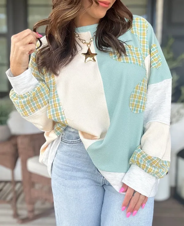 Plaid Round Neck Embroidery Relaxed Viscose Blend Long Sleeve Top