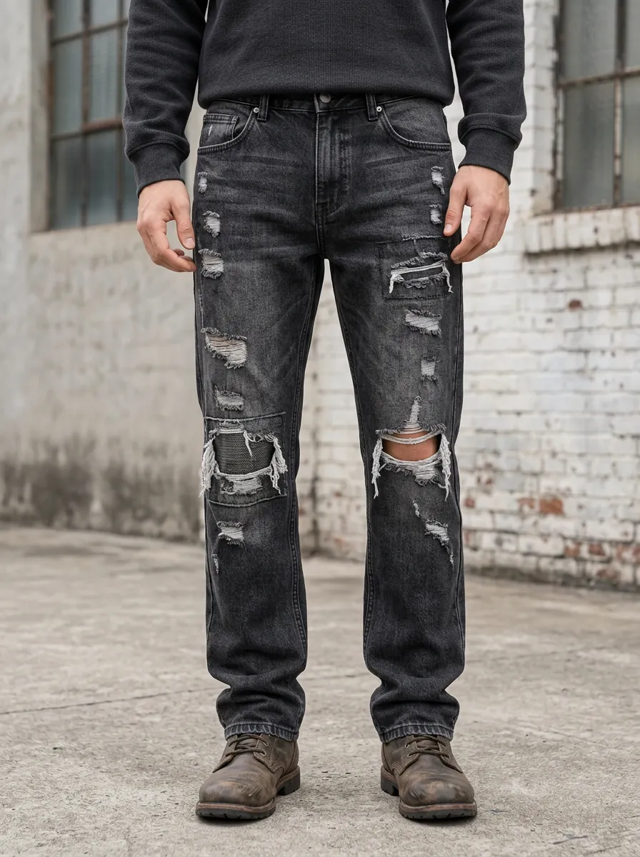 Men's Streetwear Distressed Black Washed Ripped Denim Jeans