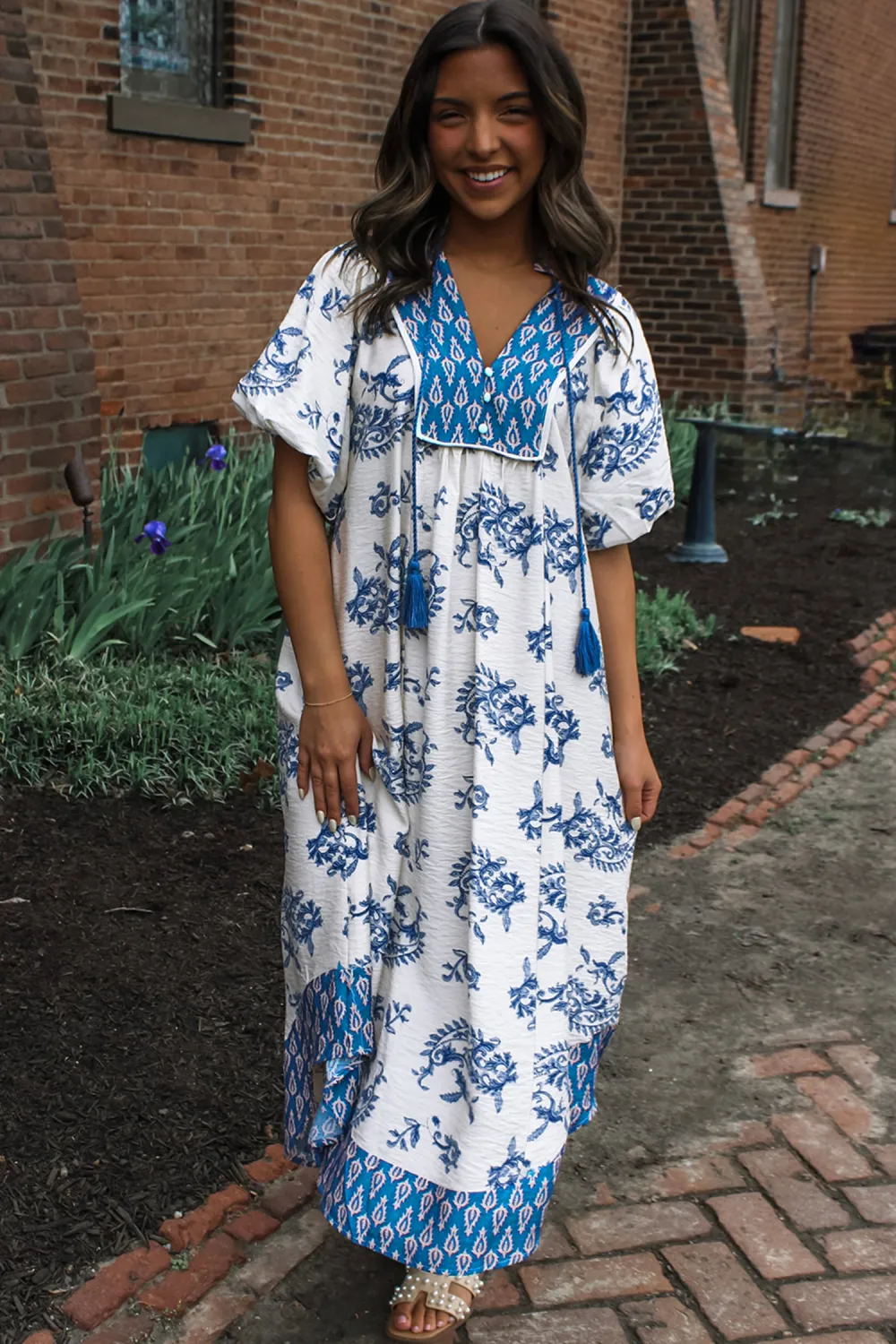 Blue Abstract Tie Neck Dress