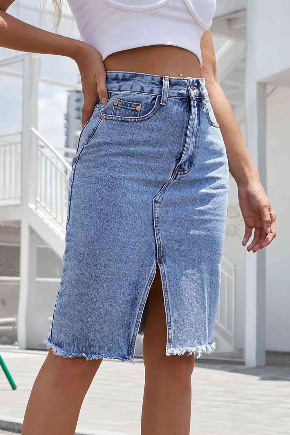 Denim Button Front Side Slit Skirt