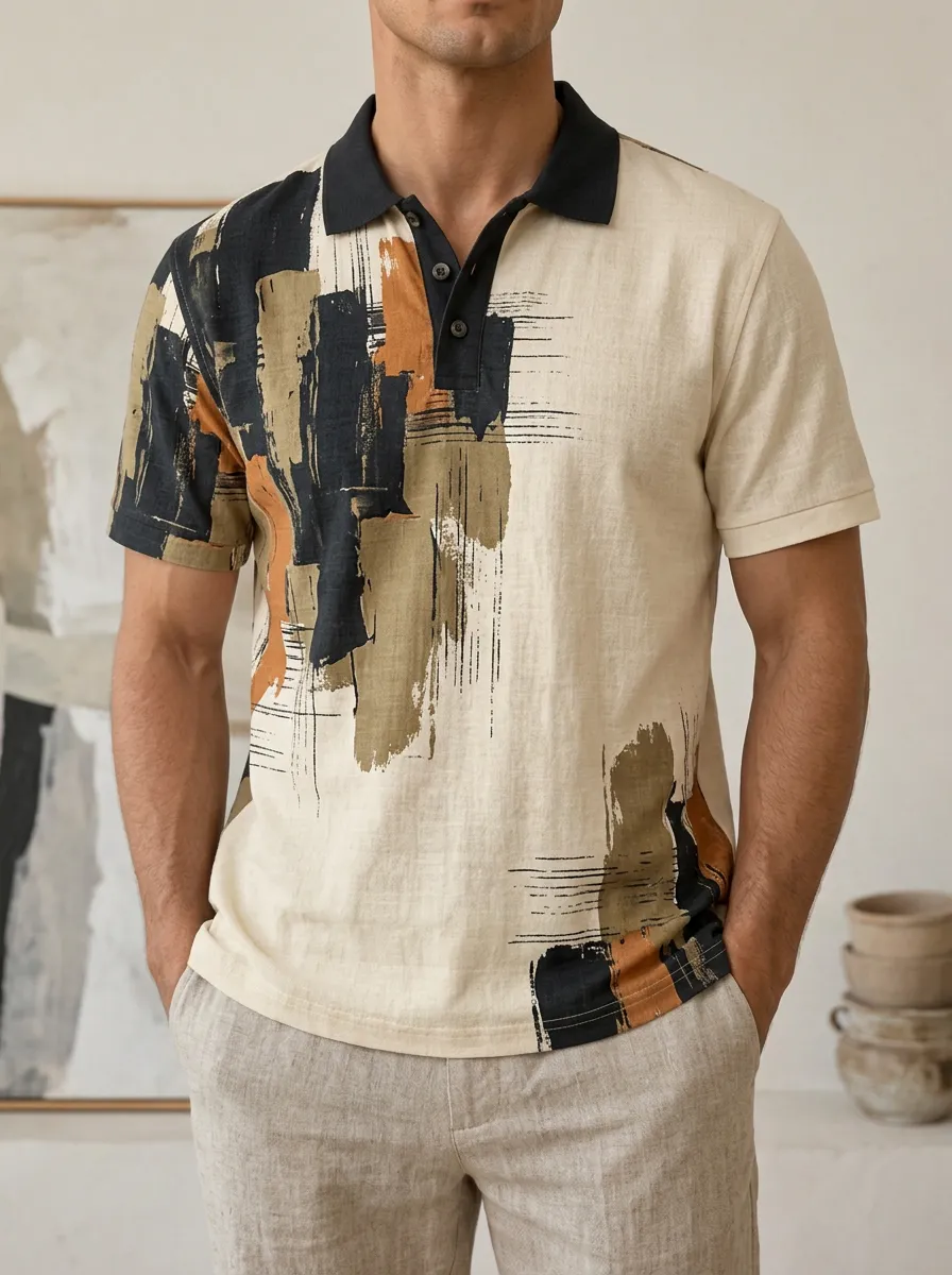 Men's Abstract Brushstroke Print Printed Polo Shirt