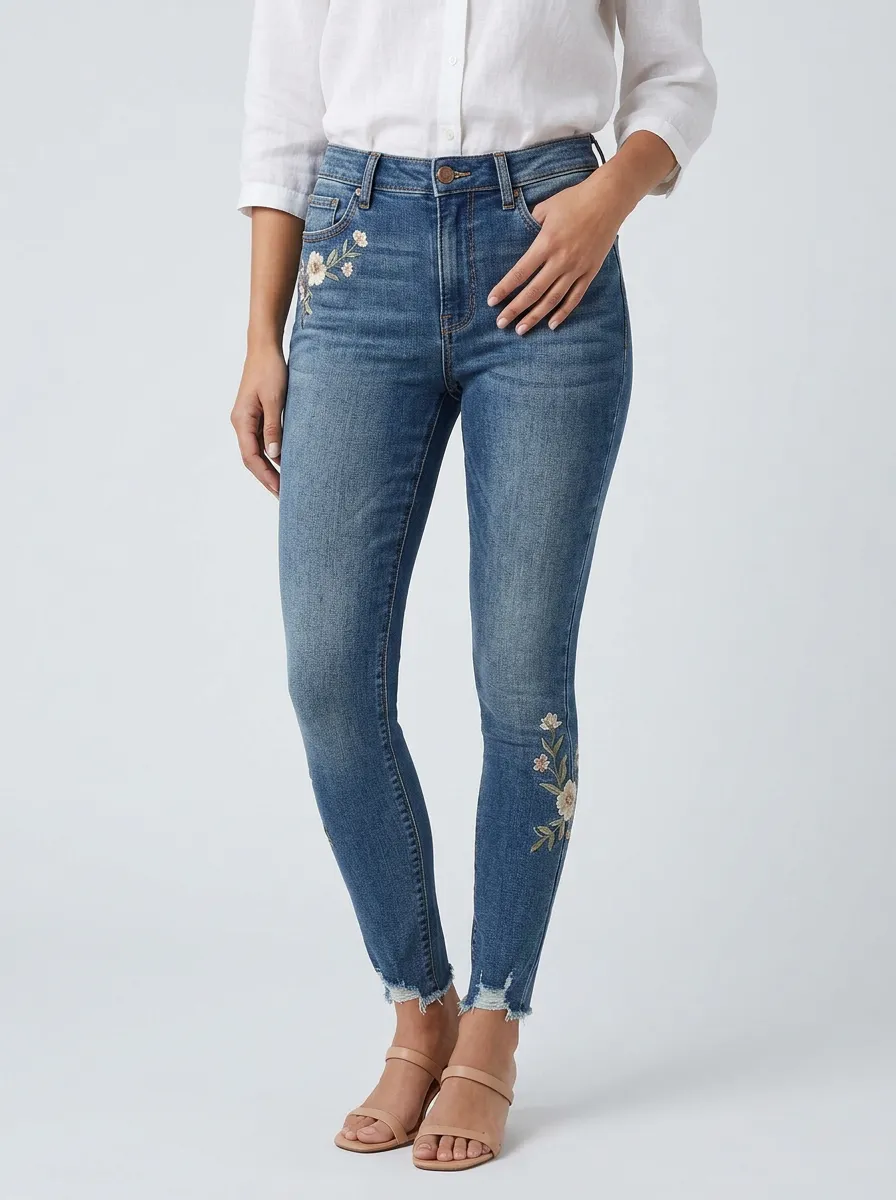 Women's Floral White Flower Embroidered Printed Slim Jeans