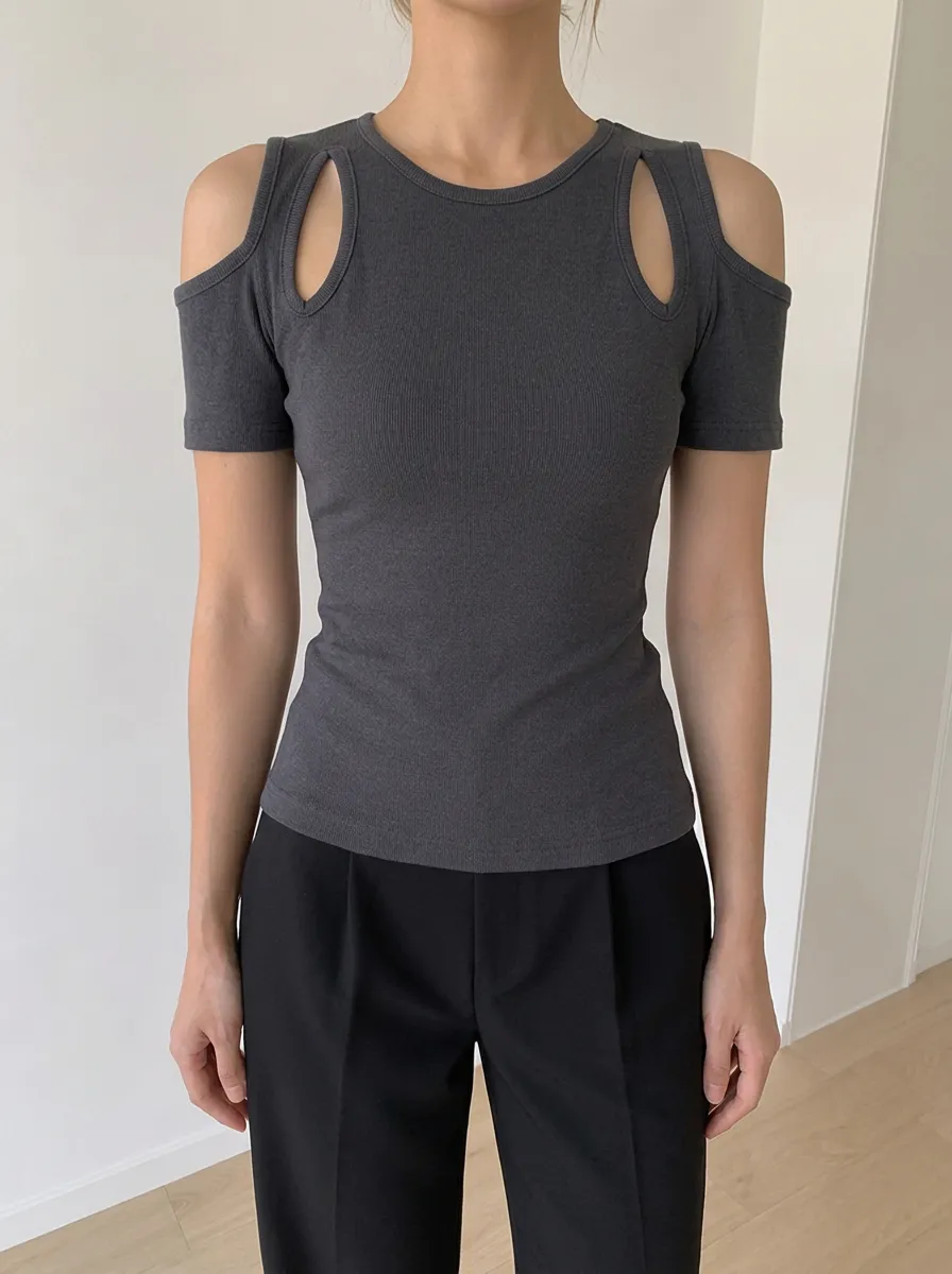 Women's Casual Ribbed Cut-out Shoulder Slim Fit Top