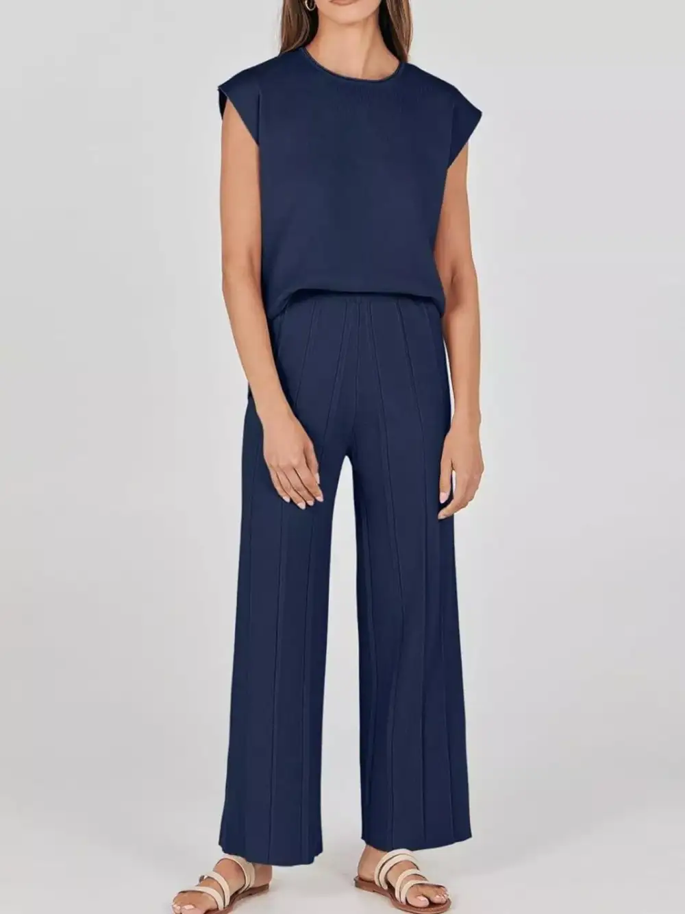 Casual Solid Cap Sleeve Top and Pants Knit Set