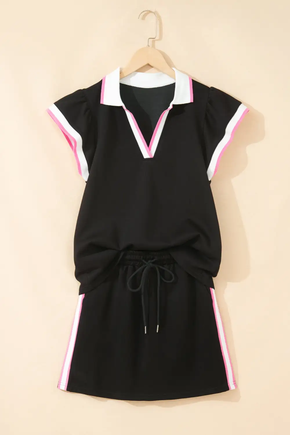 Women's Preppy Striped Trim V Neck Polo Tee Drawstring Skort Set