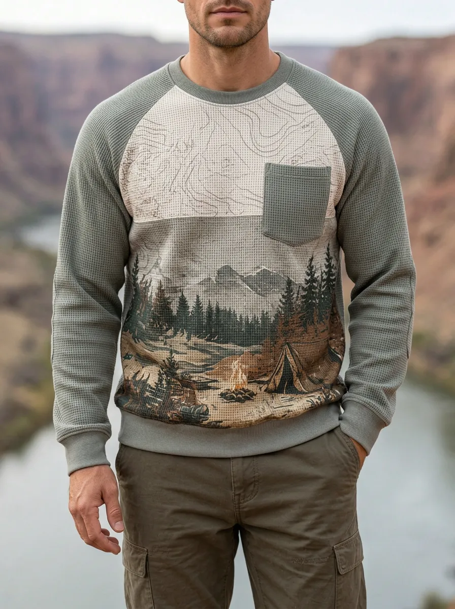 Men's Sage Green Graphic Printed Waffle Crewneck Sweatshirt