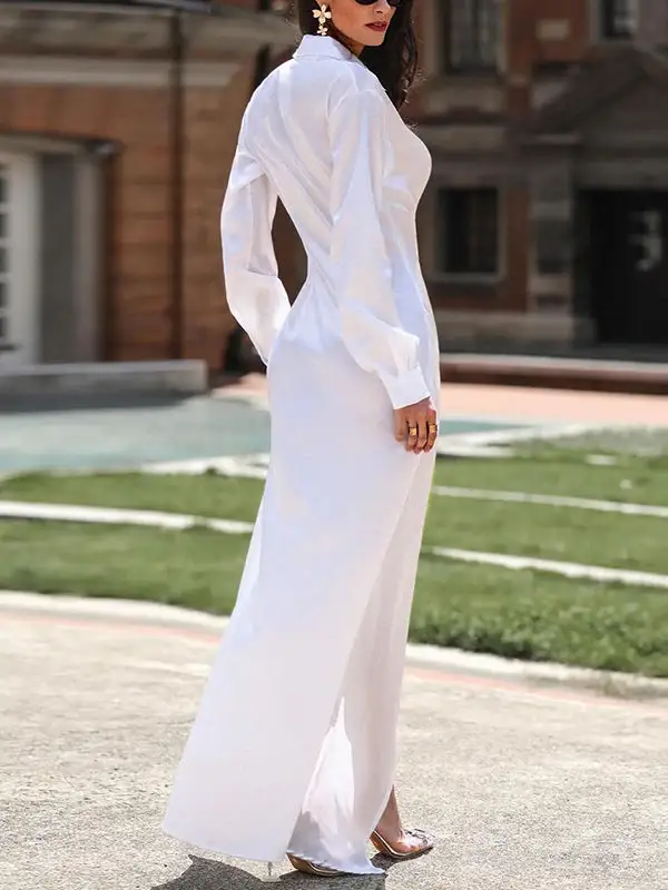 Sleeves Pleated Buttoned Long Shirt Maxi Dress