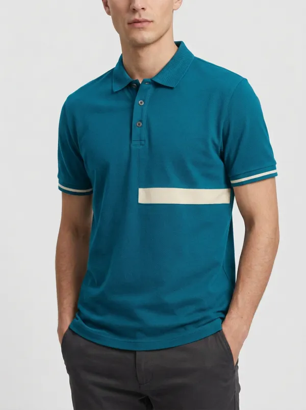 Men's Navy Blue Colorblock Striped Casual Printed Polo Shirt