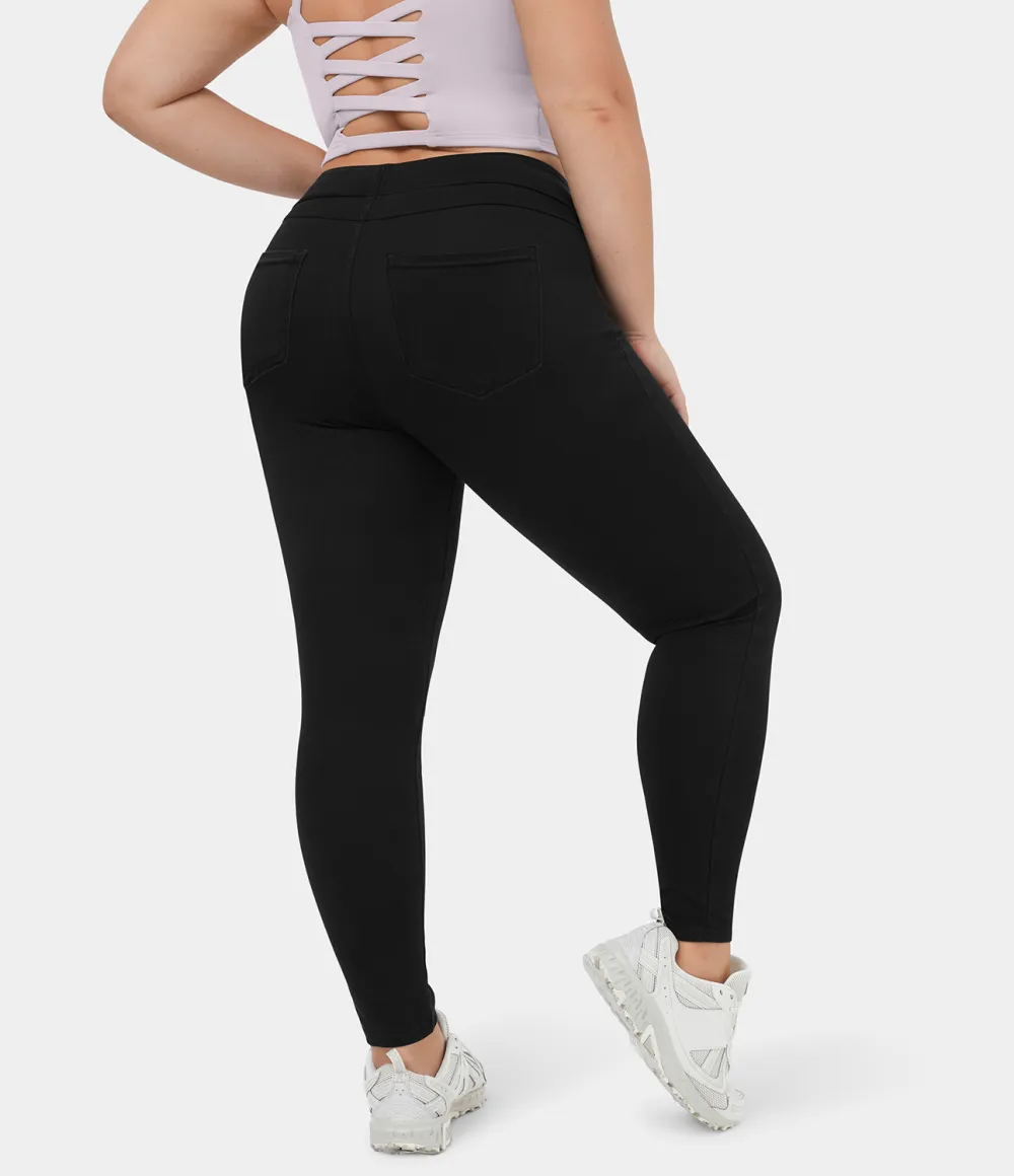 Magic High Waisted Back Side Pocket Stretchy Knit Denim Plus Size Casual Leggings