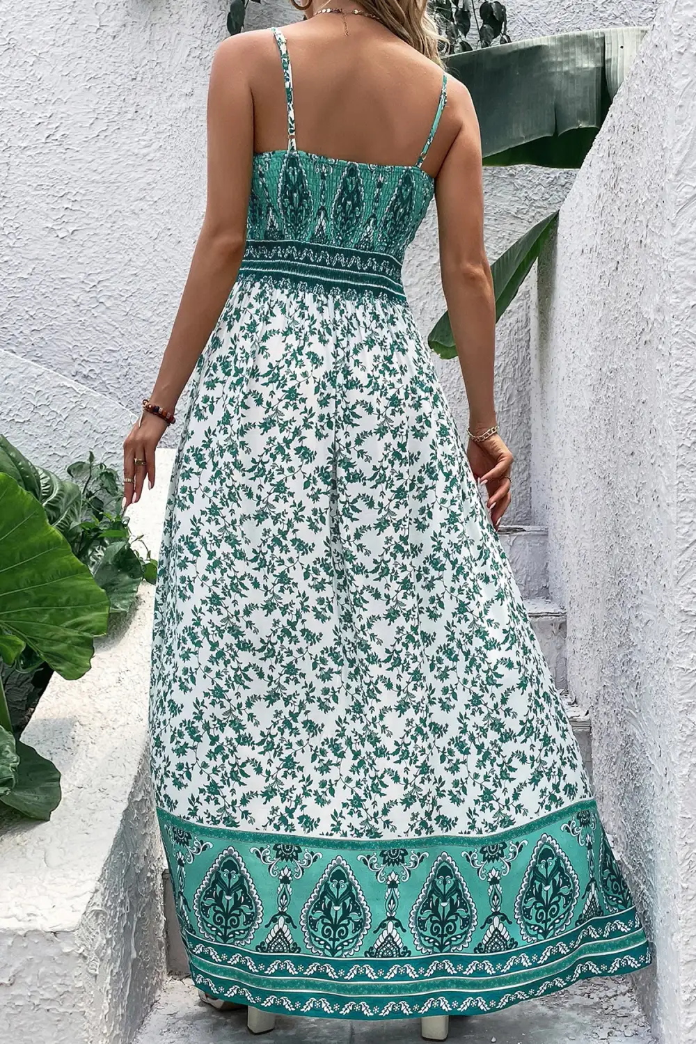 Classic Boho Floral Print Shirred Cami Maxi Dress