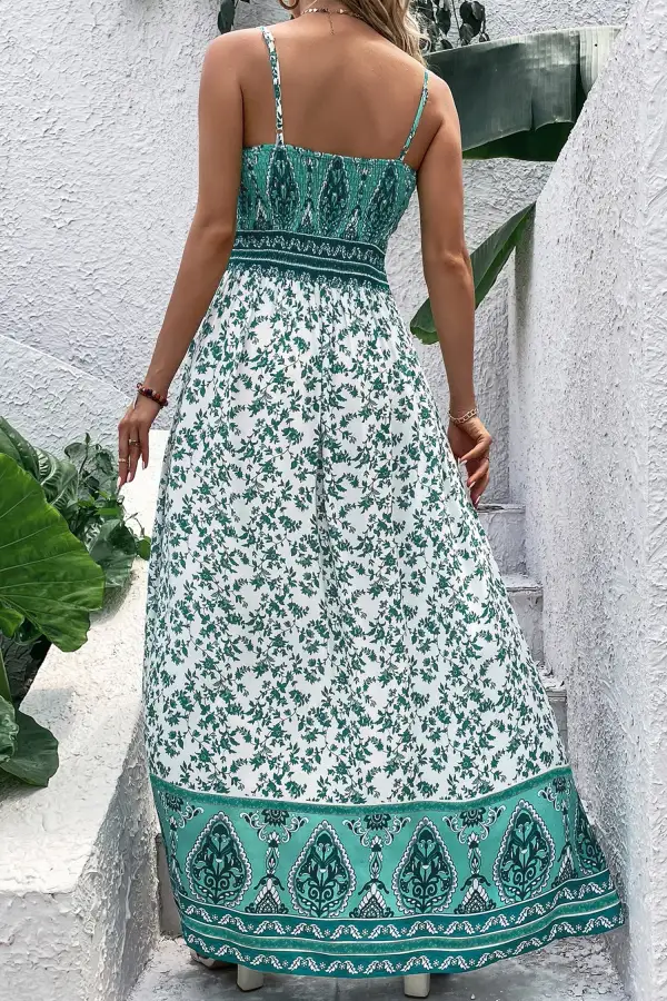 Classic Boho Floral Print Shirred Cami Maxi Dress