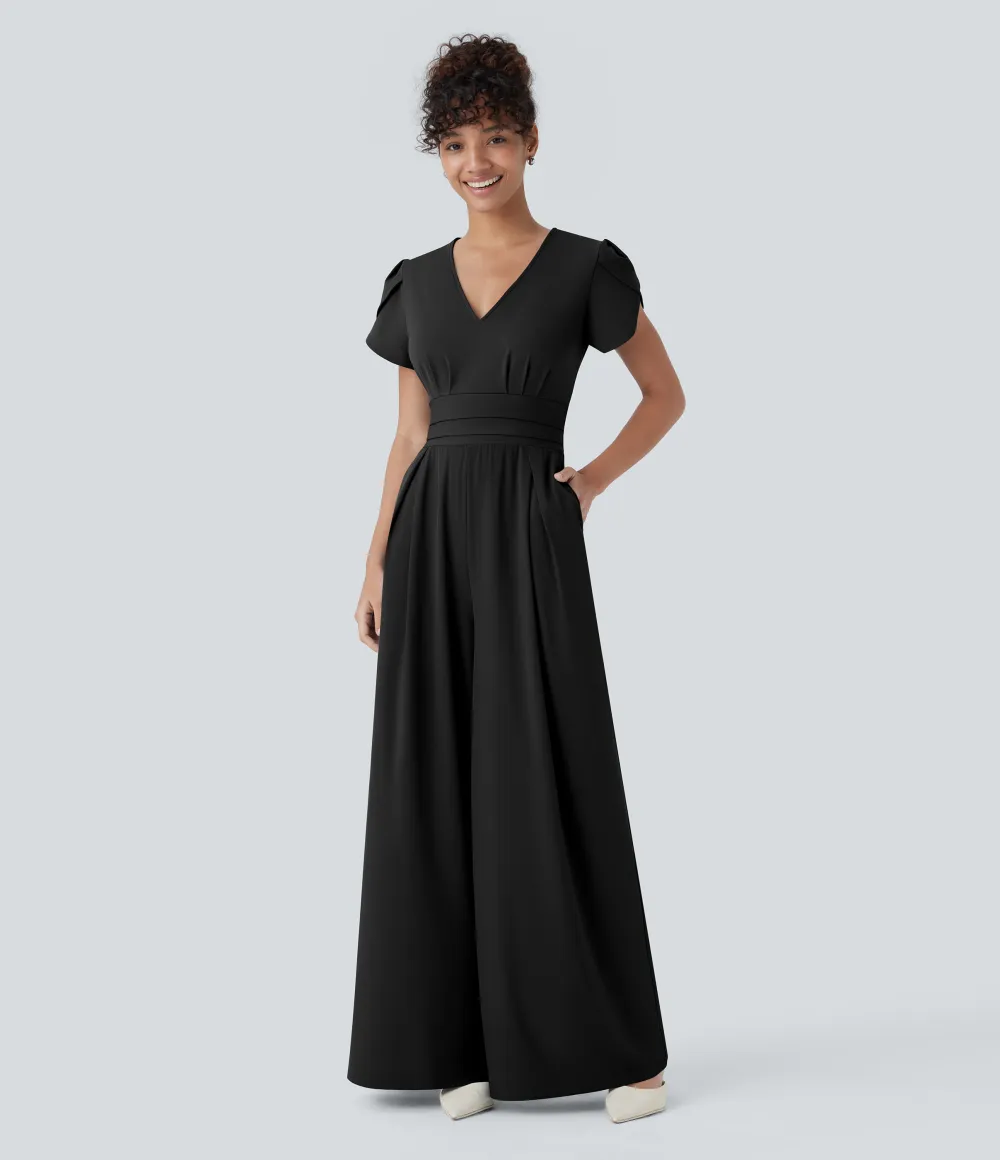 Breezeful V Neck Petal Sleeve Pocket Wide Leg Flowy Quick Dry Work Jumpsuit