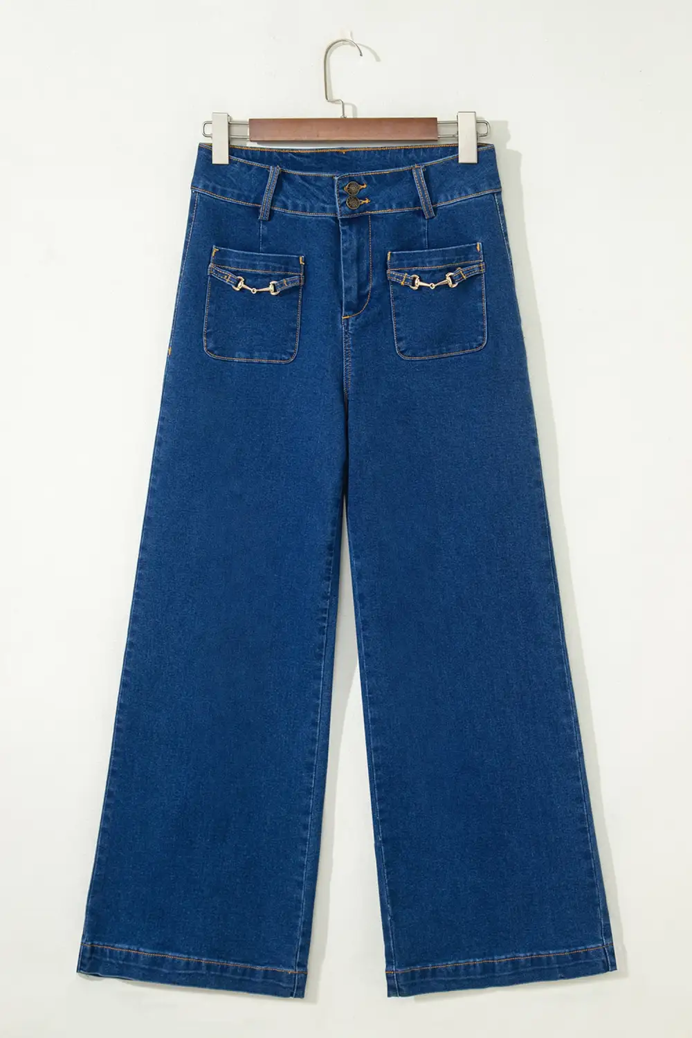 Women's Hardware Decor Patched Pockets Wide Leg Denim Pants