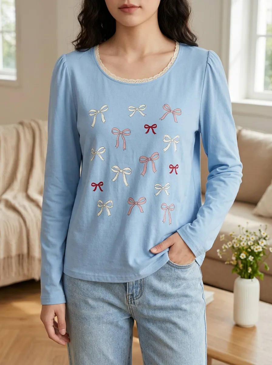 Women's Romantic Everyday Sweet Style Bowknot Pattern Printed Long Sleeve T-shirt