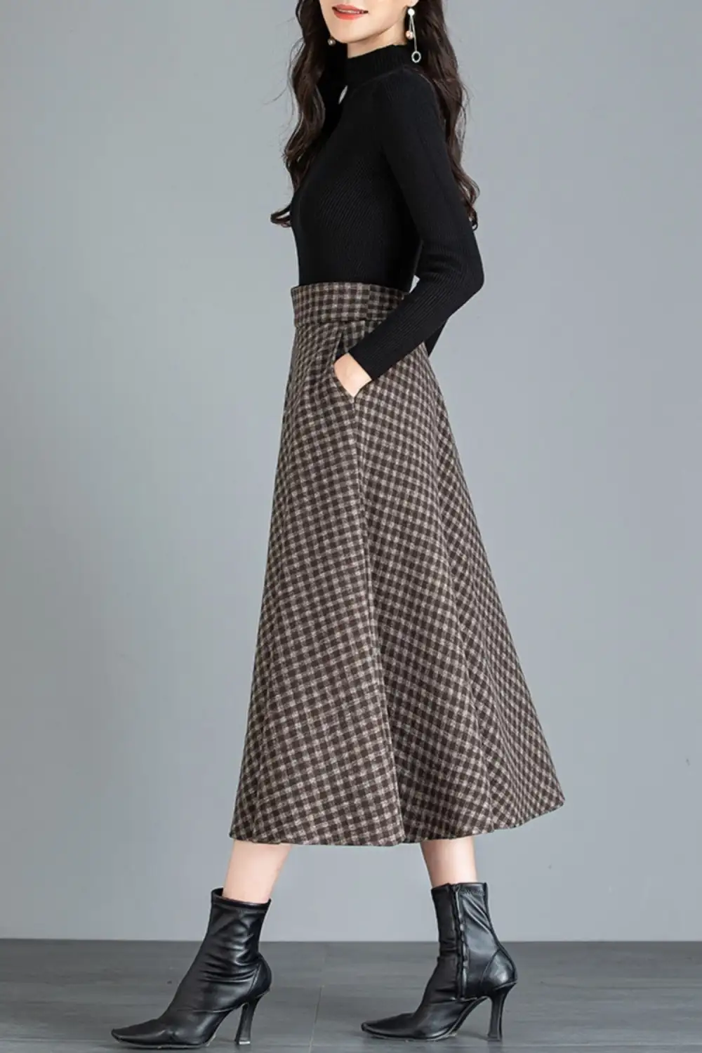 Checkered Wool Blend A Line High Waist Midi Skirt