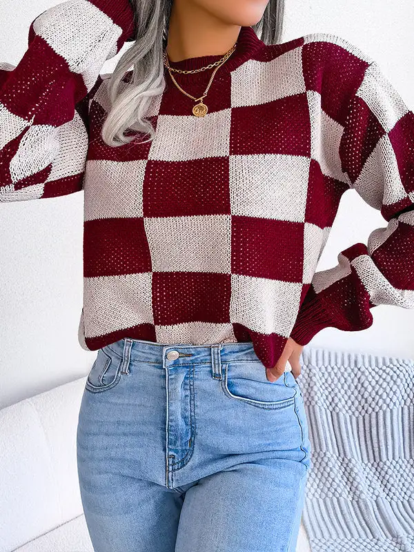 Plaid Round Neck Long Sleeve Relaxed Fit Sweater