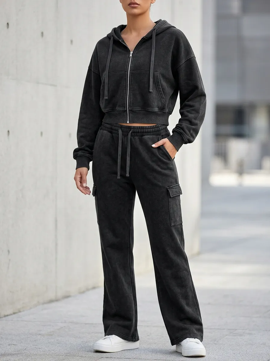 Women's Washed Cargo Detail Vintage Inspired Cropped Hooded Jacket and Flare Pants Active Set