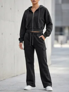 Women's Washed Cargo Detail Vintage Inspired Cropped Hooded Jacket and Flare Pants Active Set