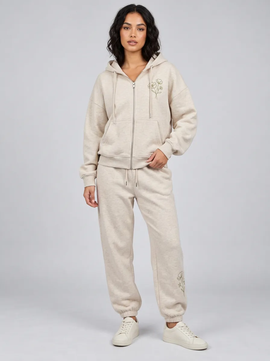 Women's Beige Floral Line Art Embroidered Zip-Up Hoodie Jacket & Jogger Set
