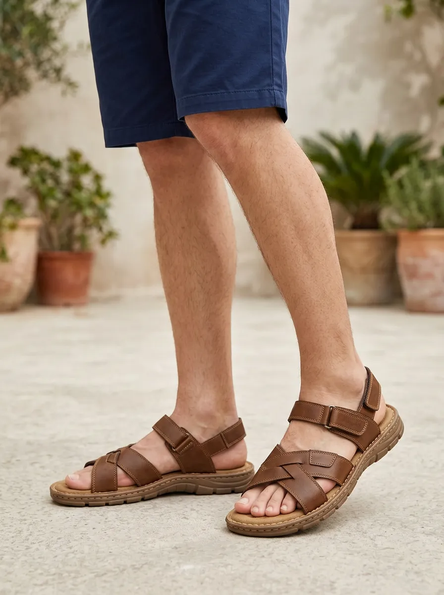 Men's Casual Brown Leather Cross-Strap Sandals