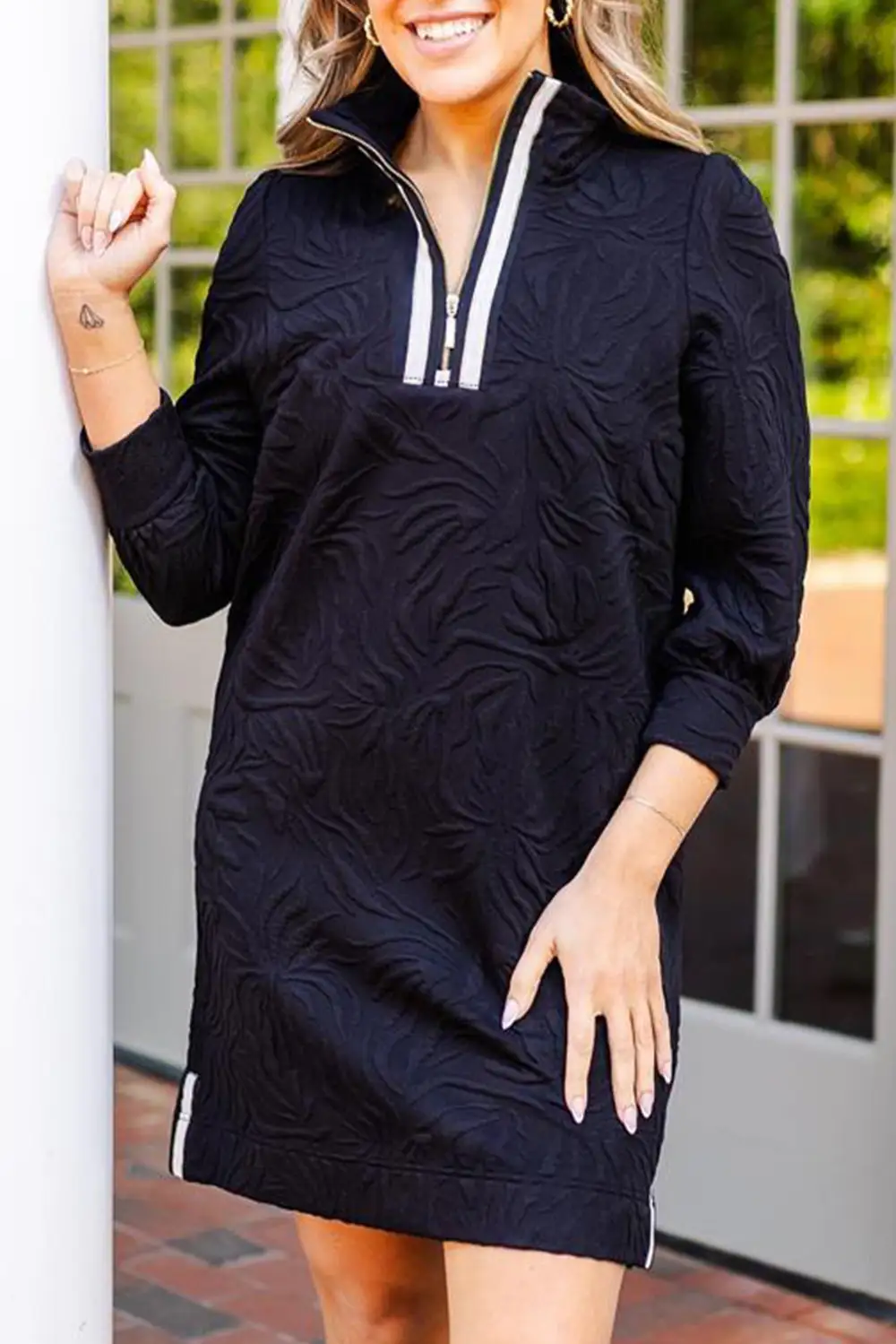 Refined Jacquard Textured Quarter Zipper Shift Mini Dress