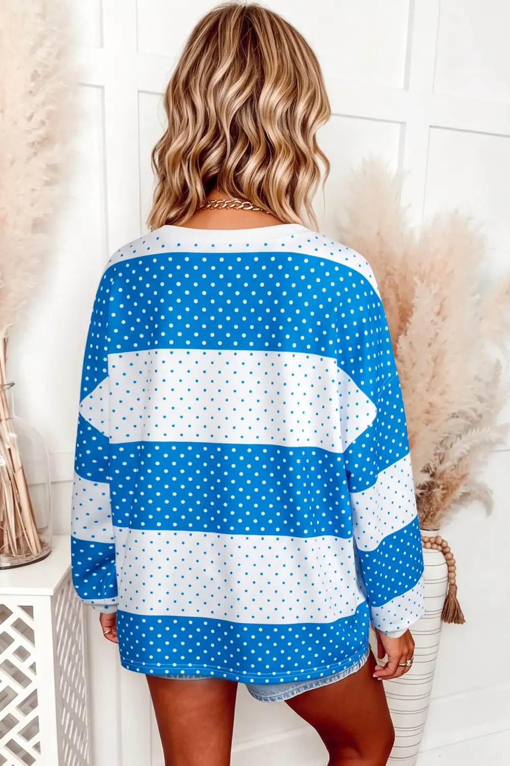 Women's Polka Dot Top With Colorblock And Long Sleeve