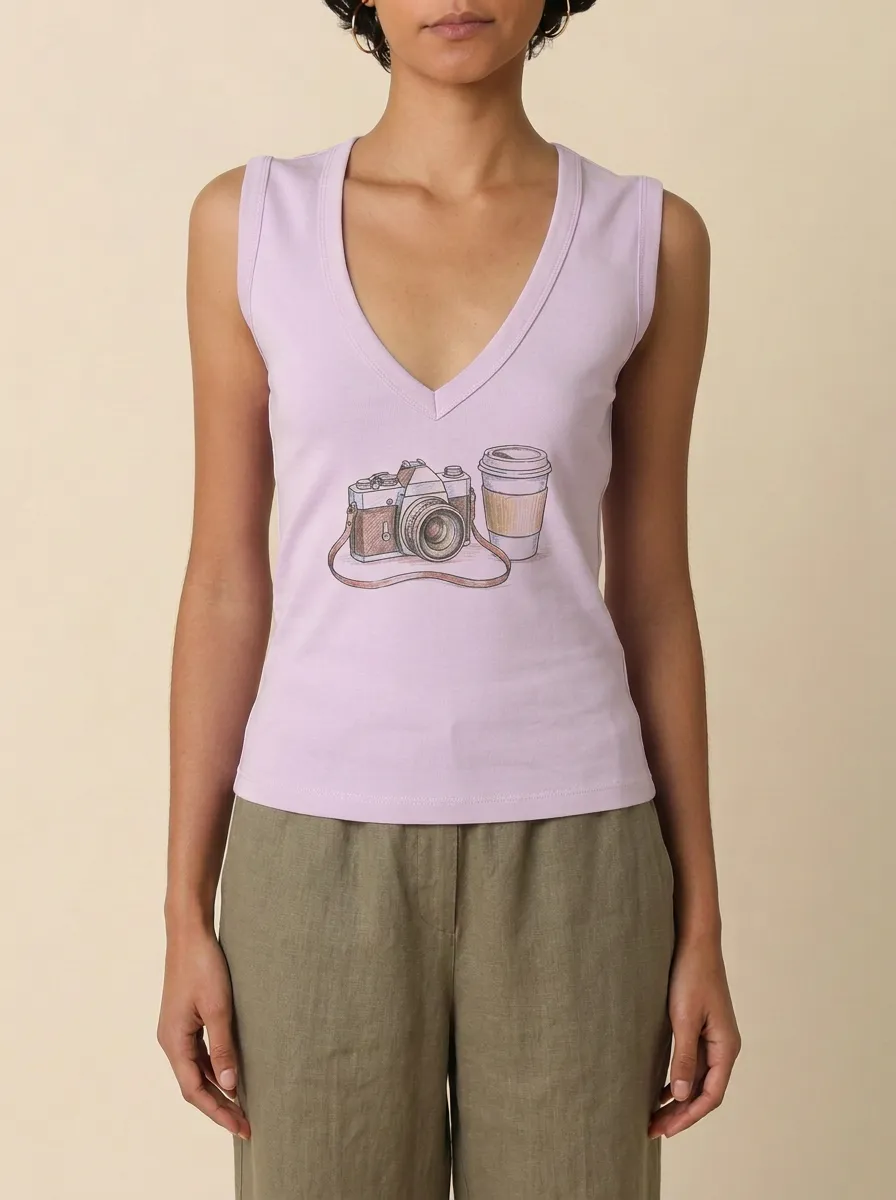 Women's Photography Coffee Vintage Camera Graphic Tank Top
