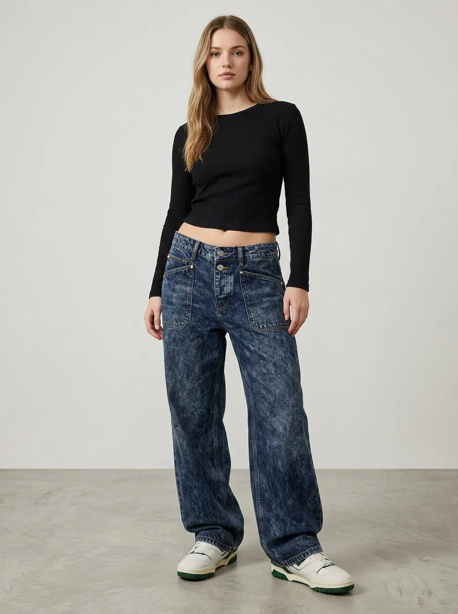 Women's Denim Wide Leg Jeans Trousers in Acid Wash