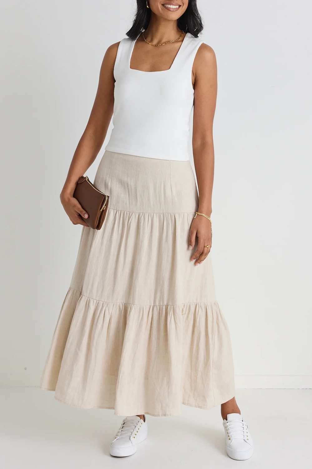 Sand Tiered Linen Midi Skirt