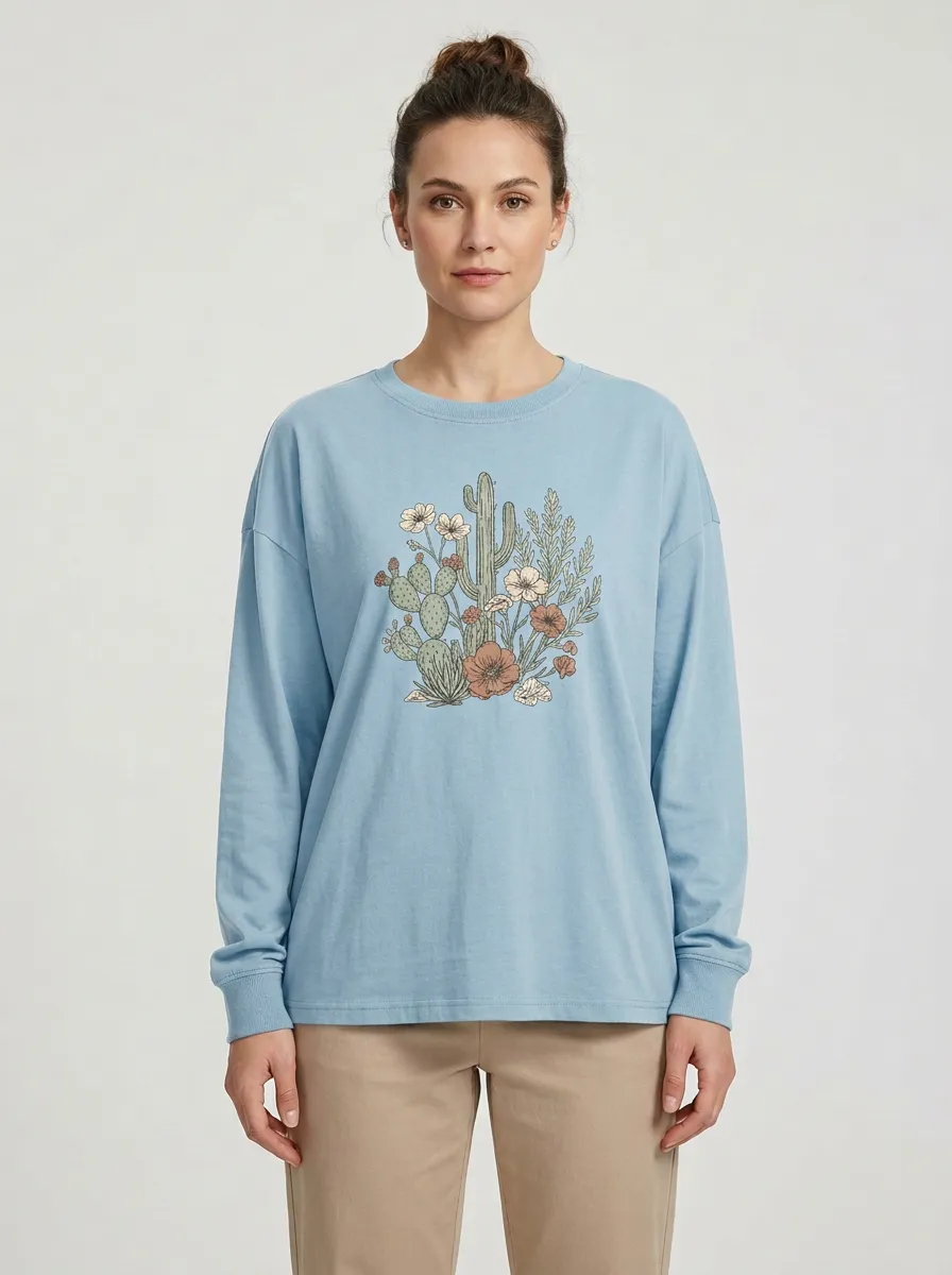 Women's Cactus Graphic Long-Sleeve Crew-Neck T-Shirt