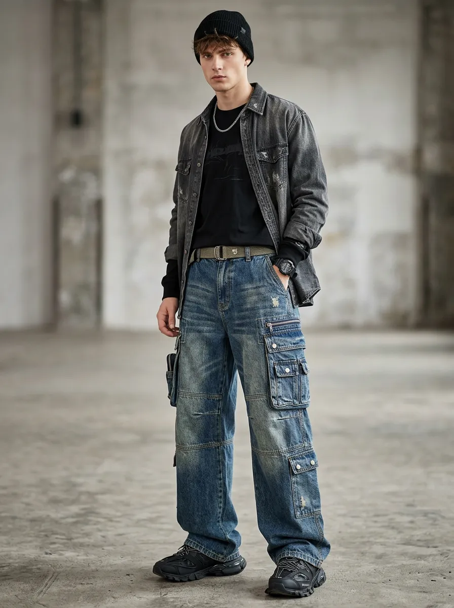 Men's Streetwear Distressed Cargo Multi-Pocket Denim Jeans