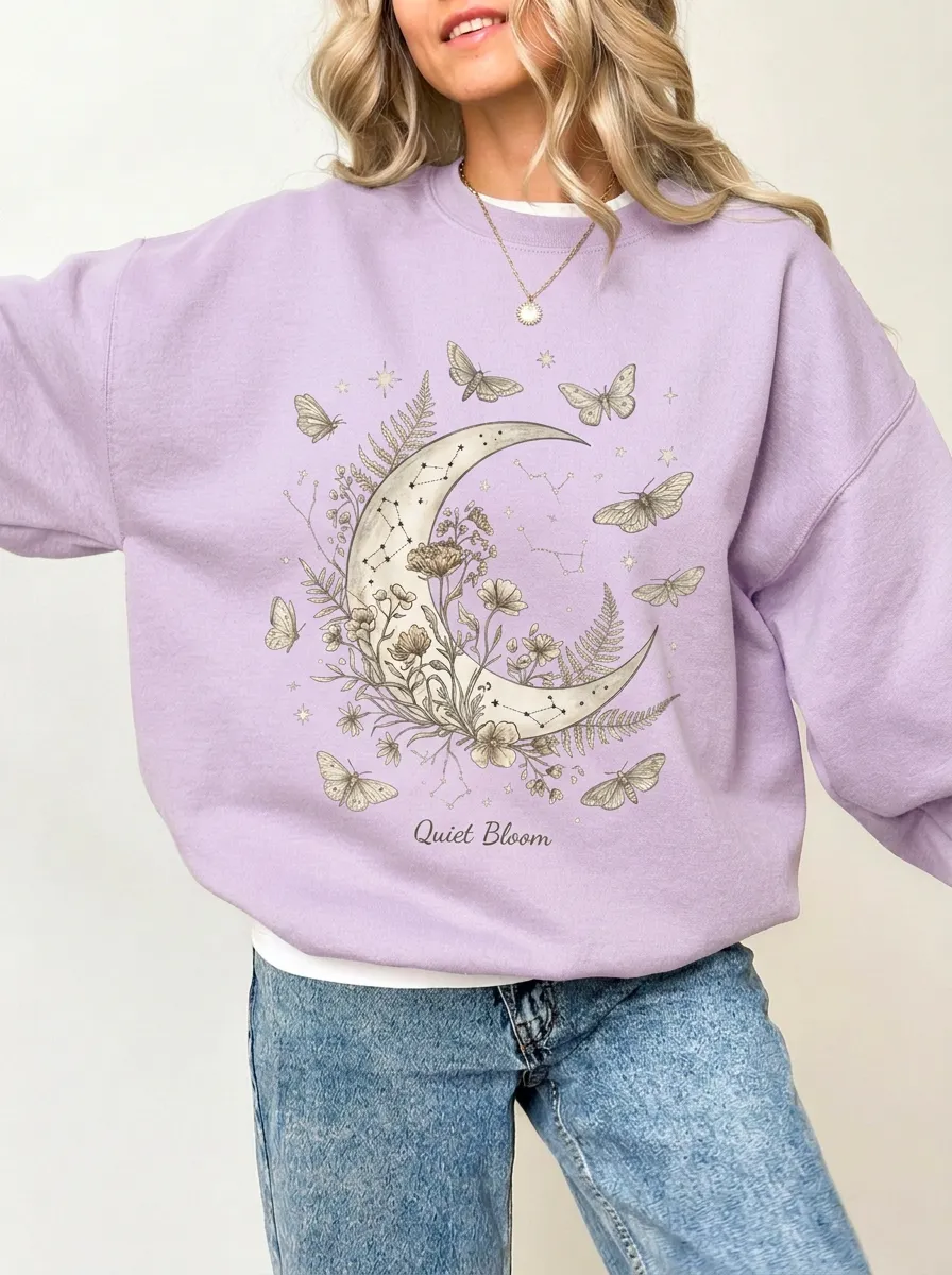 Women's Charcoal Celestial Floral Moon Moth Crewneck Sweatshirt